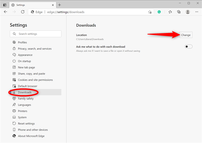 How to change the Microsoft Edge download location