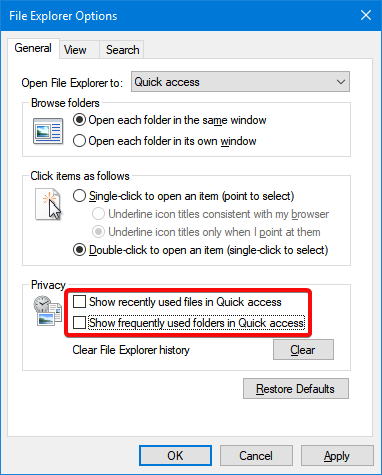 Clear recent files in Windows 10, and stop showing frequent folders