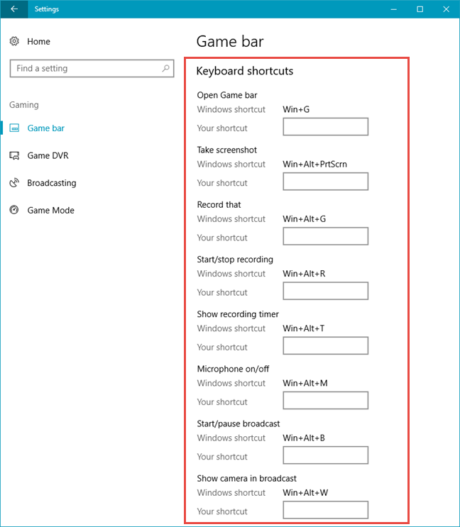 2 ways to change the keyboard shortcuts for the Game Bar in Windows 10