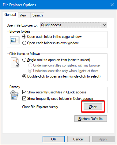 Clear recent files in Windows 10, and stop showing frequent folders