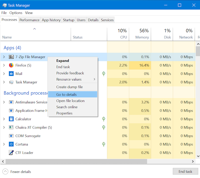 View details about running processes with the Windows 10 Task Manager