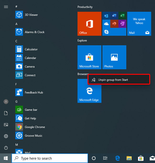 Manage groups of tiles and shortcuts on the Start Menu from Windows 10