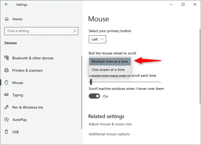 How to configure the mouse settings and sensitivity, in Windows 10