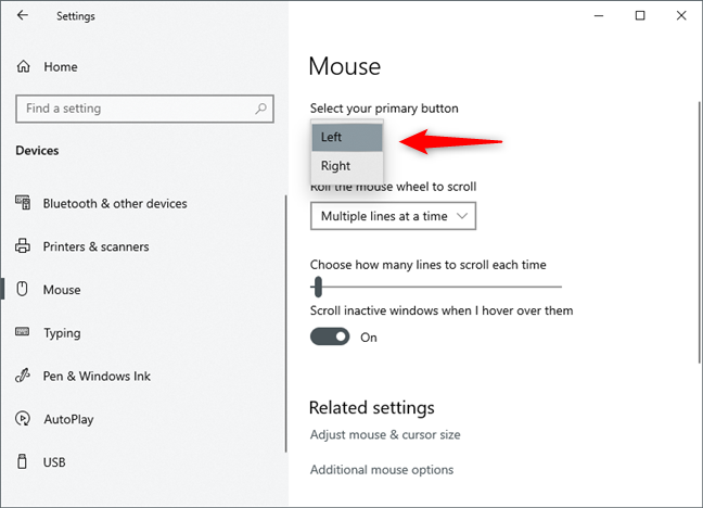 How to configure the mouse settings and sensitivity, in Windows 10