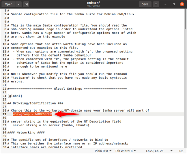 How to enable file sharing (Samba) and set the workgroup in Ubuntu Linux