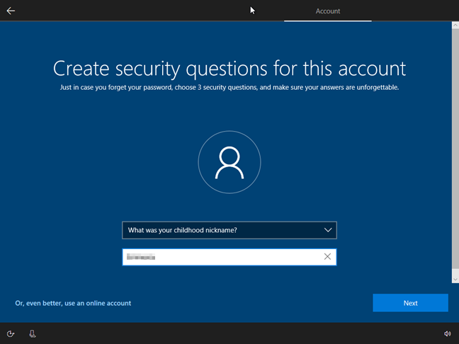 How to set security questions for a local user account, in Windows 10