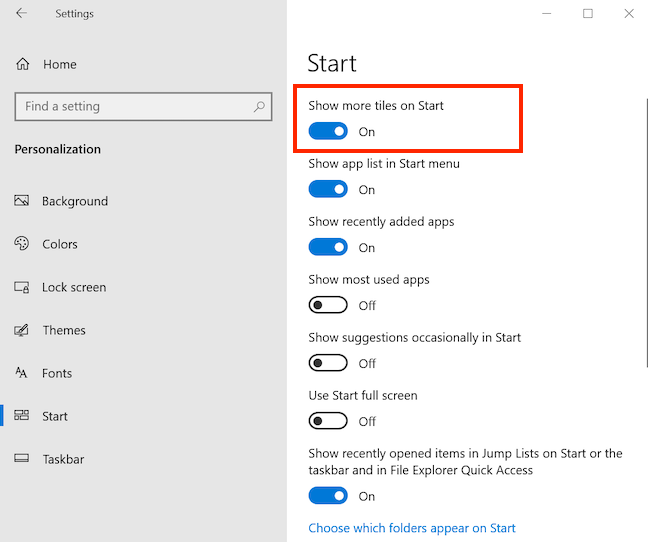 How to show more tiles on the Start Menu, in Windows 10