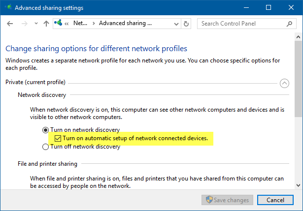 What is the automatic setup of network connected devices in Windows?