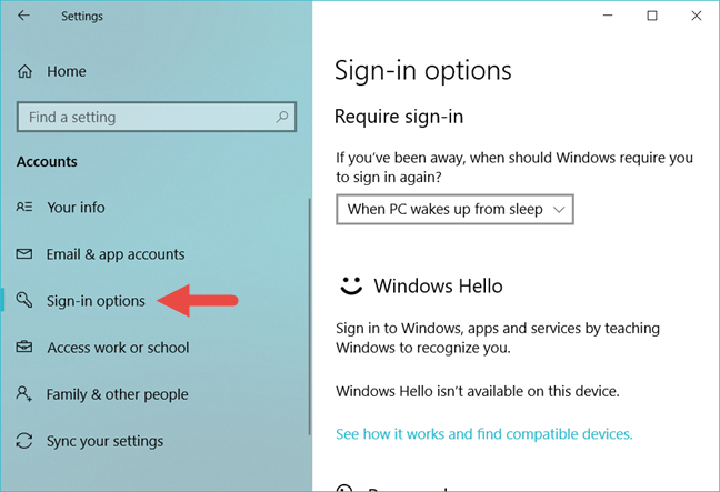 How to set security questions for a local user account, in Windows 10