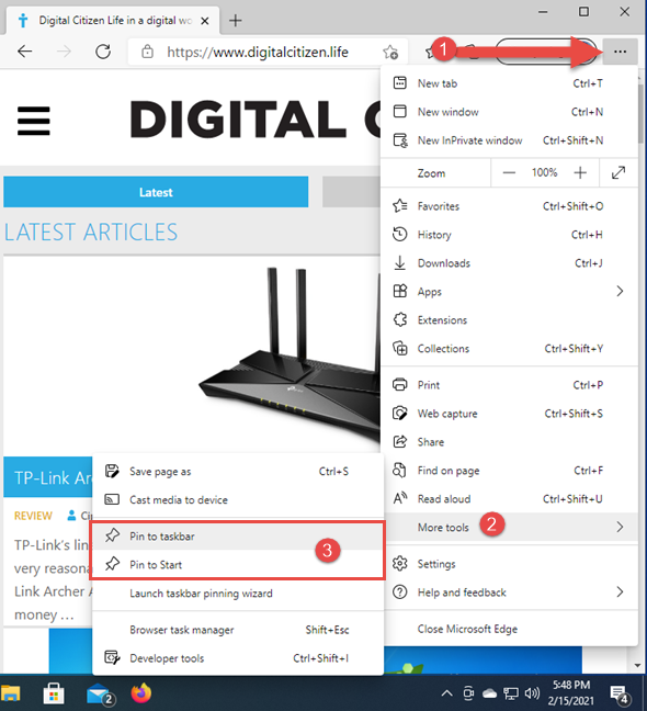 How to pin a website to the taskbar or the Start Menu in Windows 10