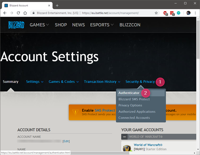 Enable and use two-factor authentication (2FA) for your Blizzard account