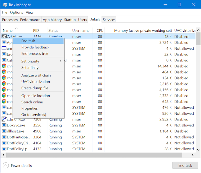 View details about running processes with the Windows 10 Task Manager