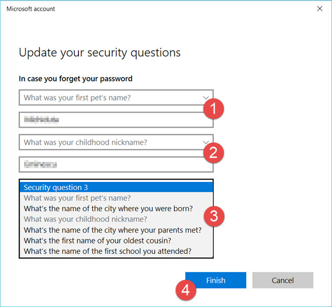 How to set security questions for a local user account, in Windows 10