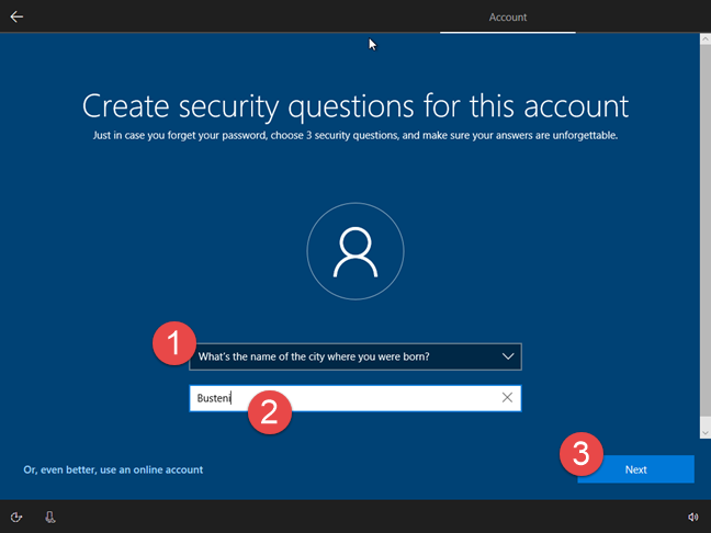 How to set security questions for a local user account, in Windows 10