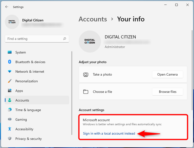 How to switch to a Windows 11 local account from a Microsoft one