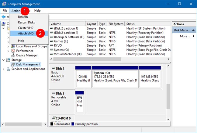 How to open, unmount, or permanently attach a VHD file in Windows 10