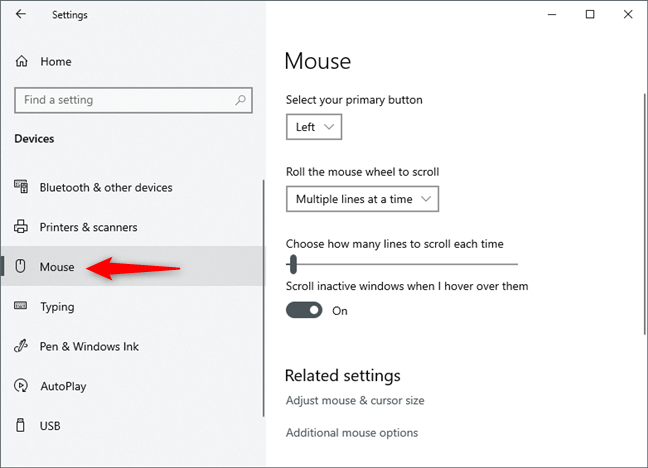 How to configure the mouse settings and sensitivity, in Windows 10