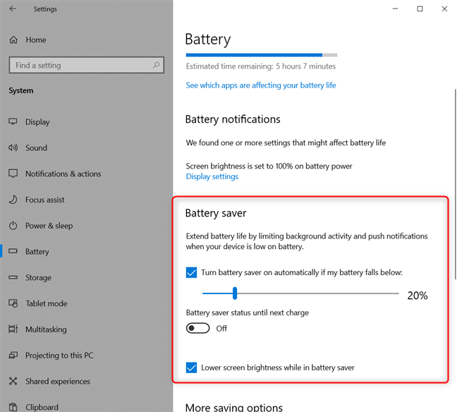 How to turn on and off the battery saver in Windows 10