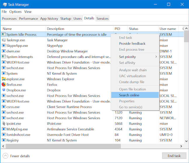 View details about running processes with the Windows 10 Task Manager