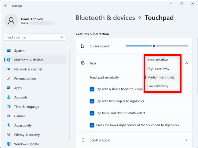 How to change the touchpad settings in Windows 11