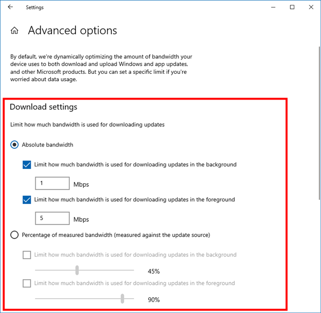 How to change the bandwidth limits for Windows 10 updates