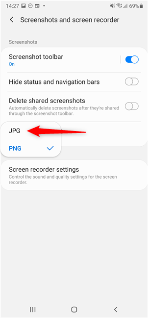 How to change screenshot format on Android - PNG to JPG and back