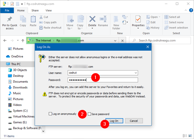 How to connect to an FTP server in Windows 10, from File Explorer