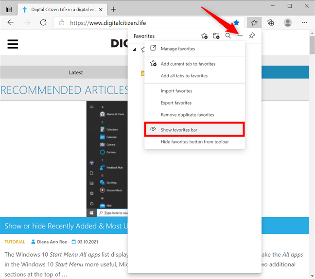 Cómo mostrar la barra de Favoritos en Microsoft Edge formas