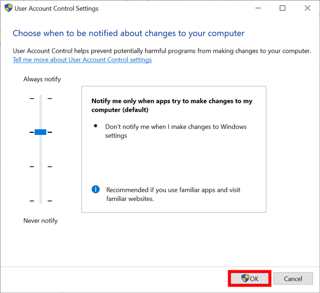 How to change the User Account Control (UAC) level in Windows 10