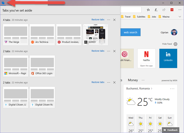 How to set aside tabs in Microsoft Edge, and use them later