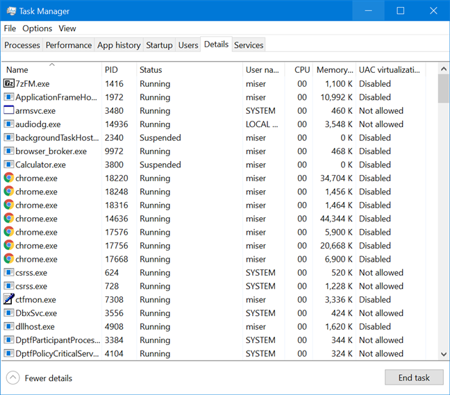 View details about running processes with the Windows 10 Task Manager