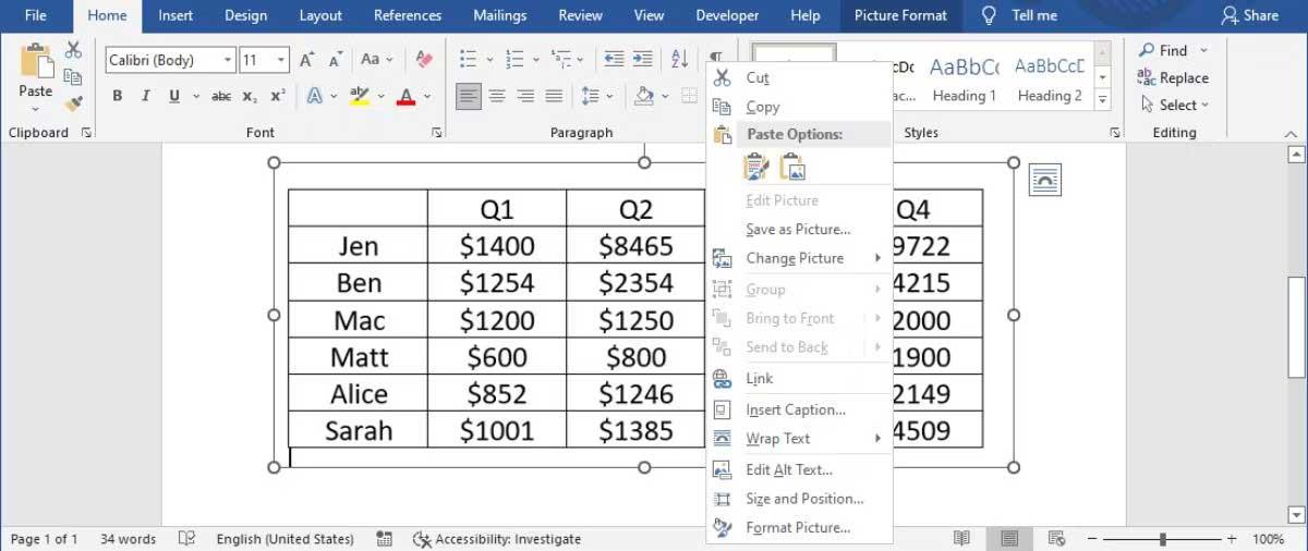 Comment convertir des tableaux en images dans Microsoft Word