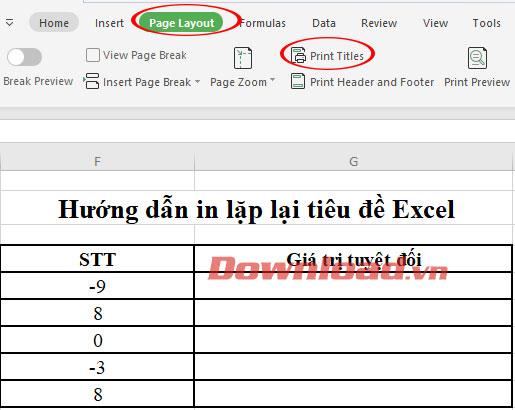 Instructions for printing repeated titles in Excel