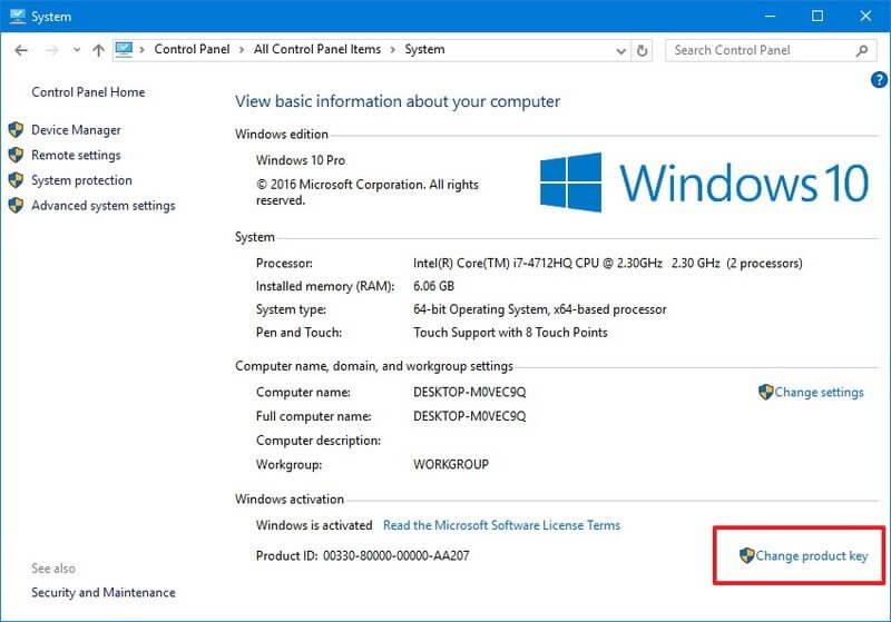 How to change product key on Windows 10