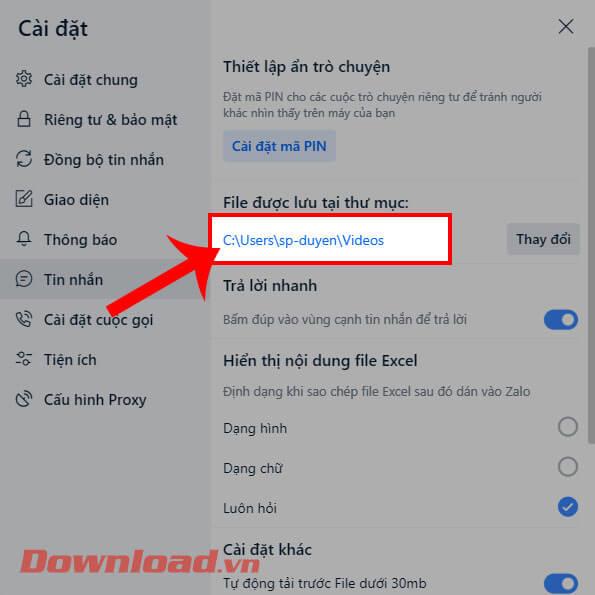 Instructions pour changer le dossier pour enregistrer les fichiers sur Zalo PC