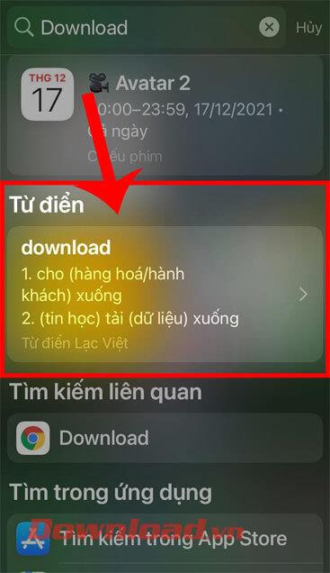 Petunjuk untuk mencari kamus di iPhone di bilah pencarian (Spotlight)