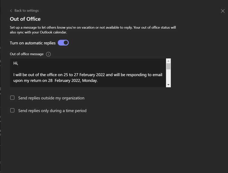 How to set "out of office" status on Microsoft Teams