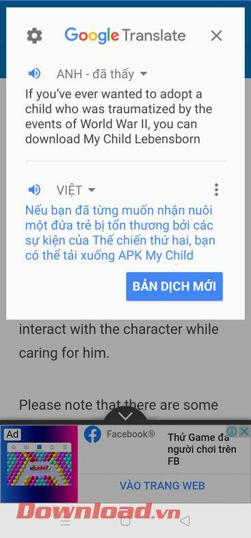 Instructions for turning on the Google Translate bubble on Android