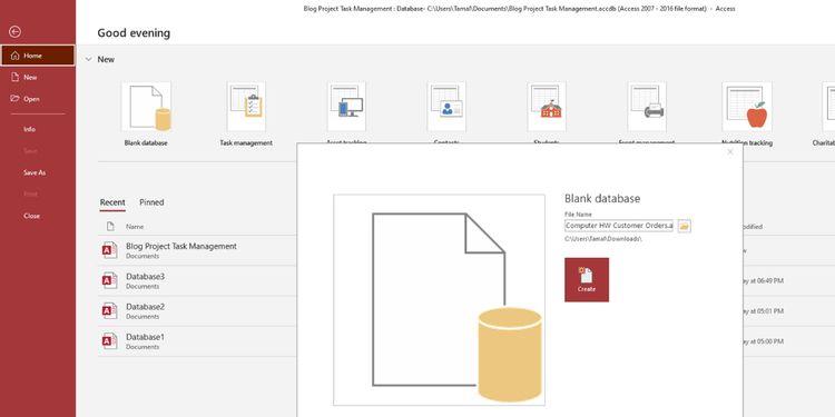 Steps to create a new database in Access