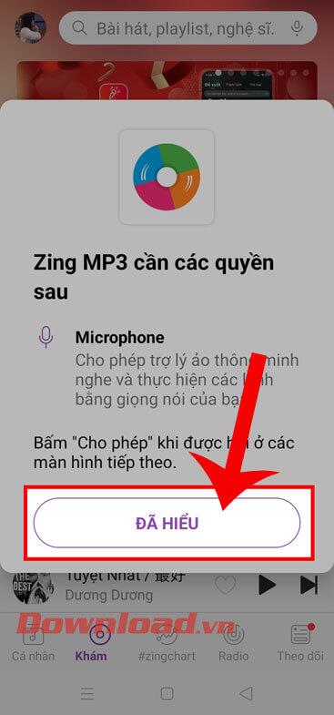 Instructions for finding music and song names using virtual assistant on Zing MP3