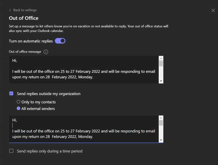 How to set "out of office" status on Microsoft Teams