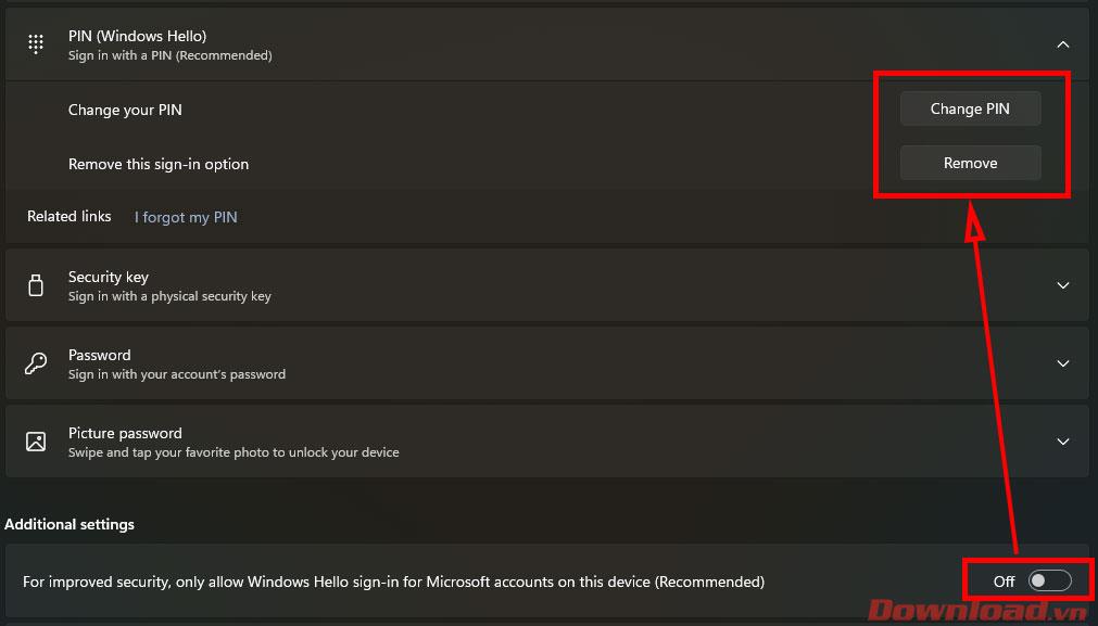 在 Windows 11 上删除或更改 PIN 码的说明