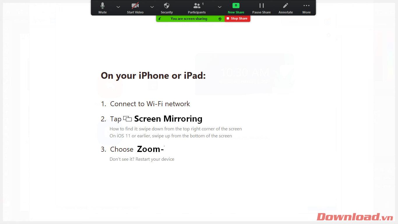 Petunjuk untuk menampilkan layar iPhone di Zoom