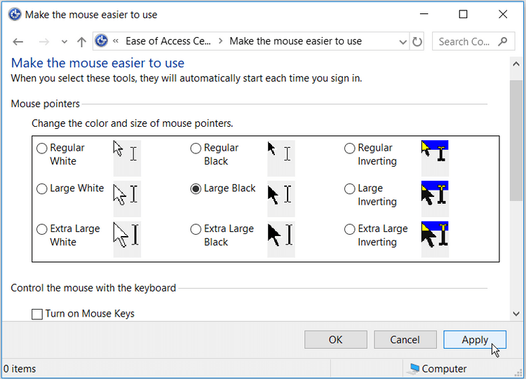 How to change mouse pointer color and size in Windows 10