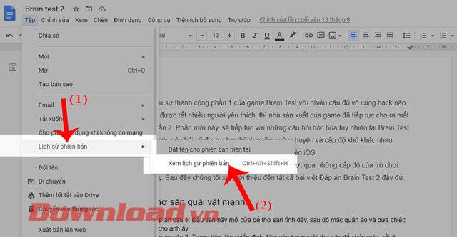 Instructions pour afficher l'historique des modifications de documents sur Google Docs