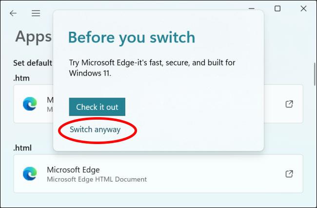 Instructions for changing the default browser on Windows 11