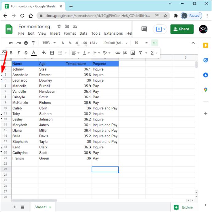 Comment supprimer des lignes masquées dans Google Sheets