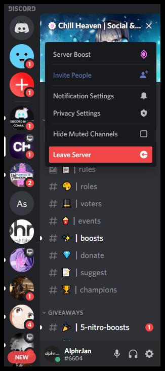 Как покинуть сервер Discord