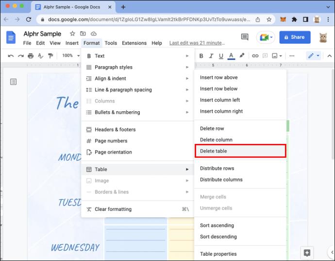Как удалить таблицу в гугл документе.