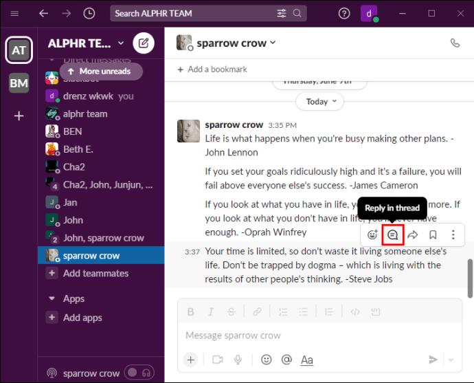 Comment répondre à un message spécifique dans Slack